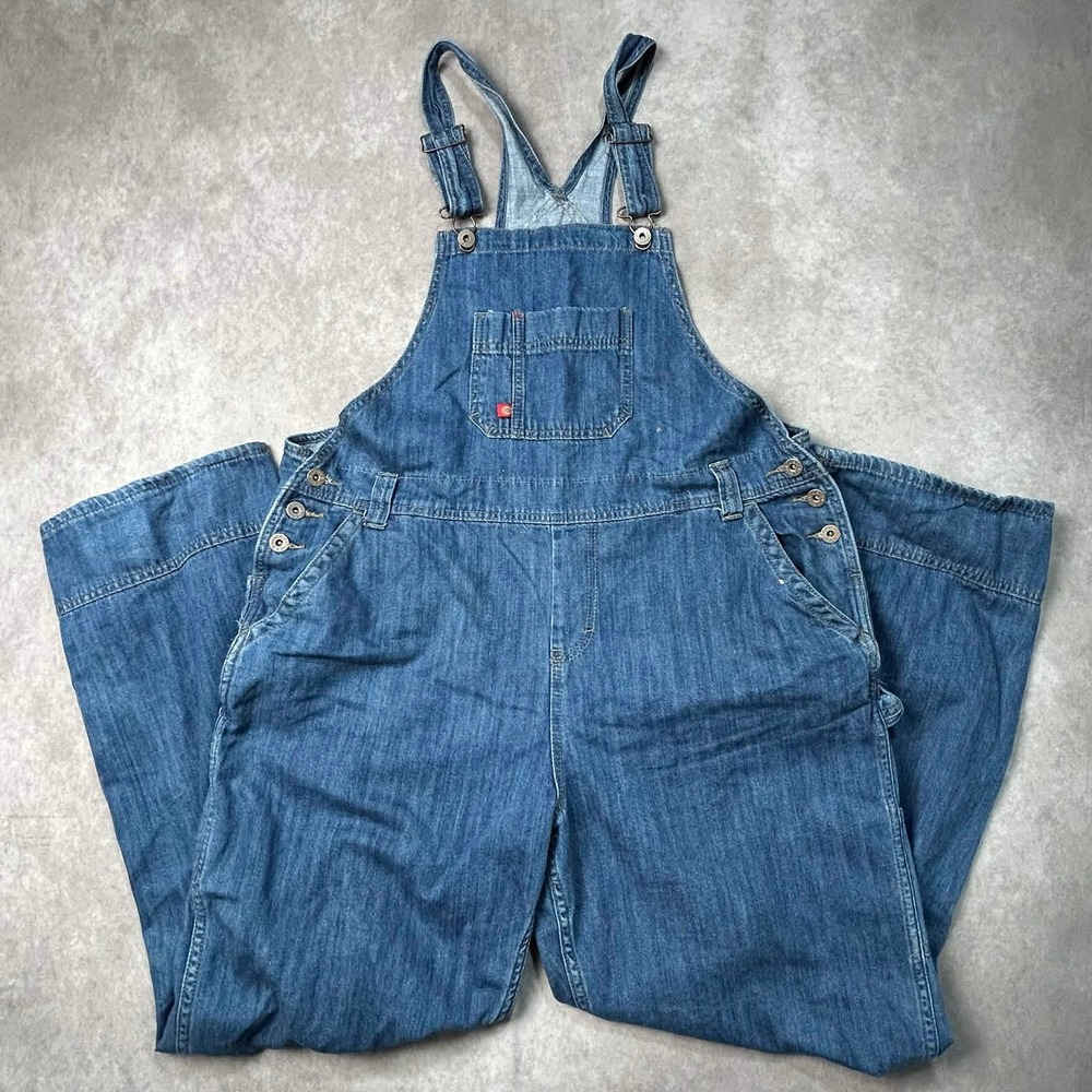 Dickies Denim Bib Overalls Woman's Large Wash Blue Carpenter Workwear Relaxed